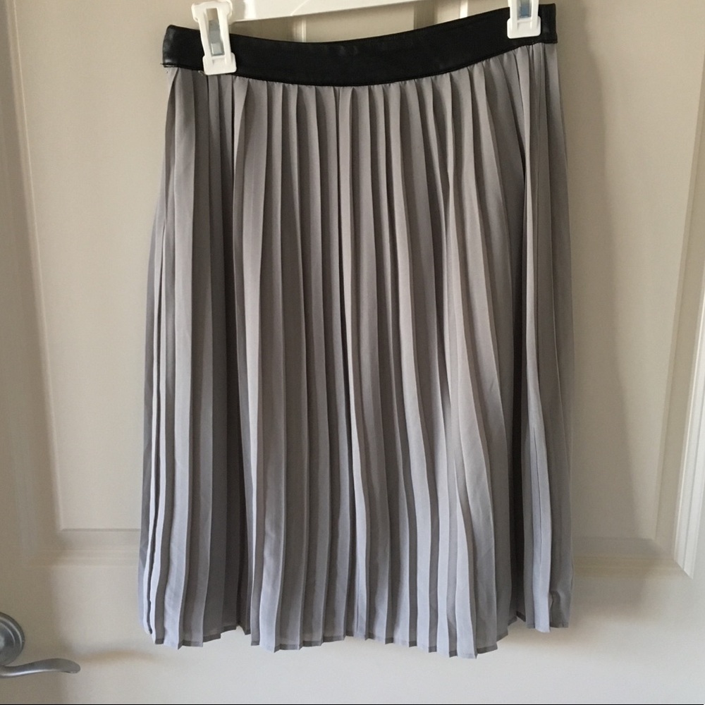 Modest Pleated Gray Skirt with Faux Leather Waist